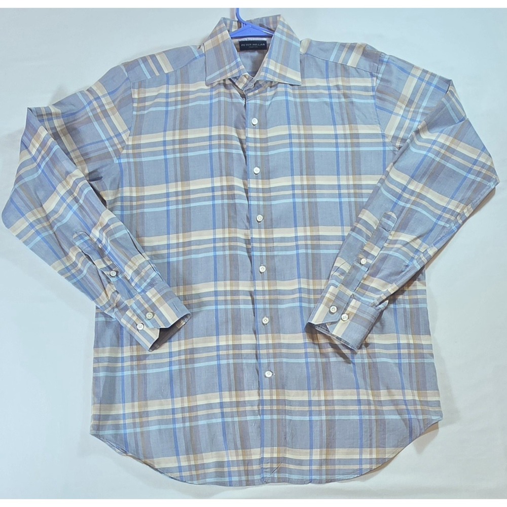 Peter Millar Collection Shirt Mens Medium Button Up  Blue Beige Plaid